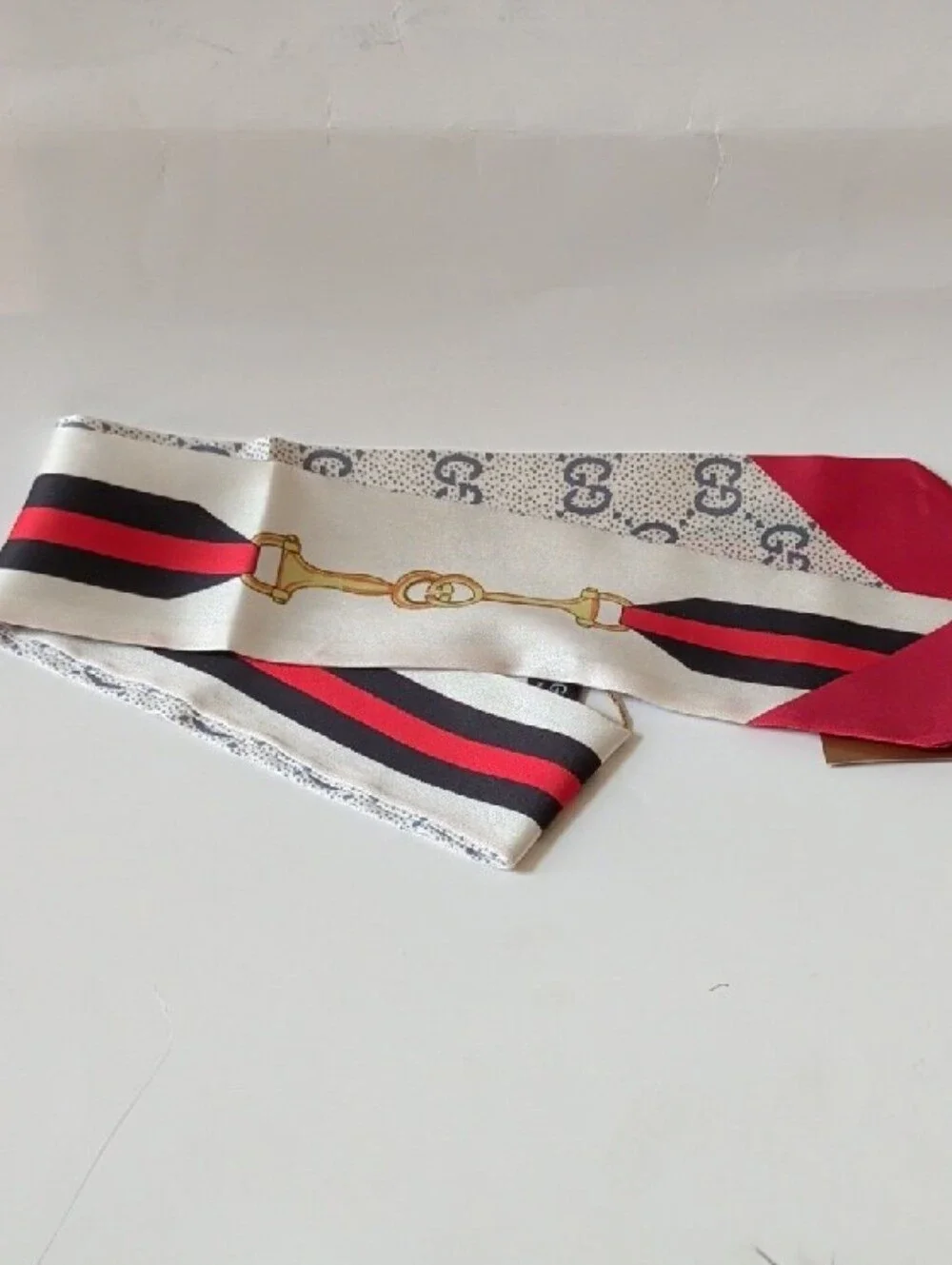 Fashion GGSilk Scarf Ribbon with Red, Black & Ivory Stripes NWT